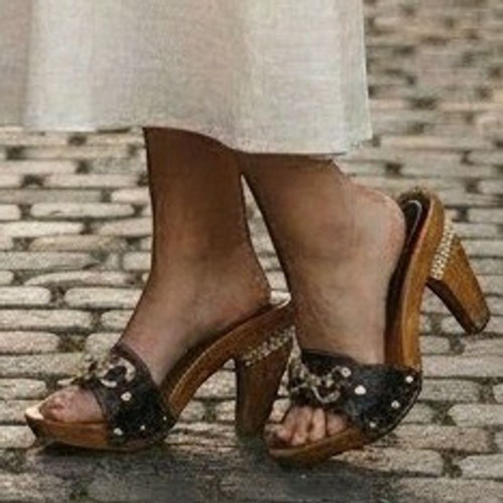 Gucci Vintage Early 2000s Wood Mule Clog Crystal Chain Brown Leather Sandals